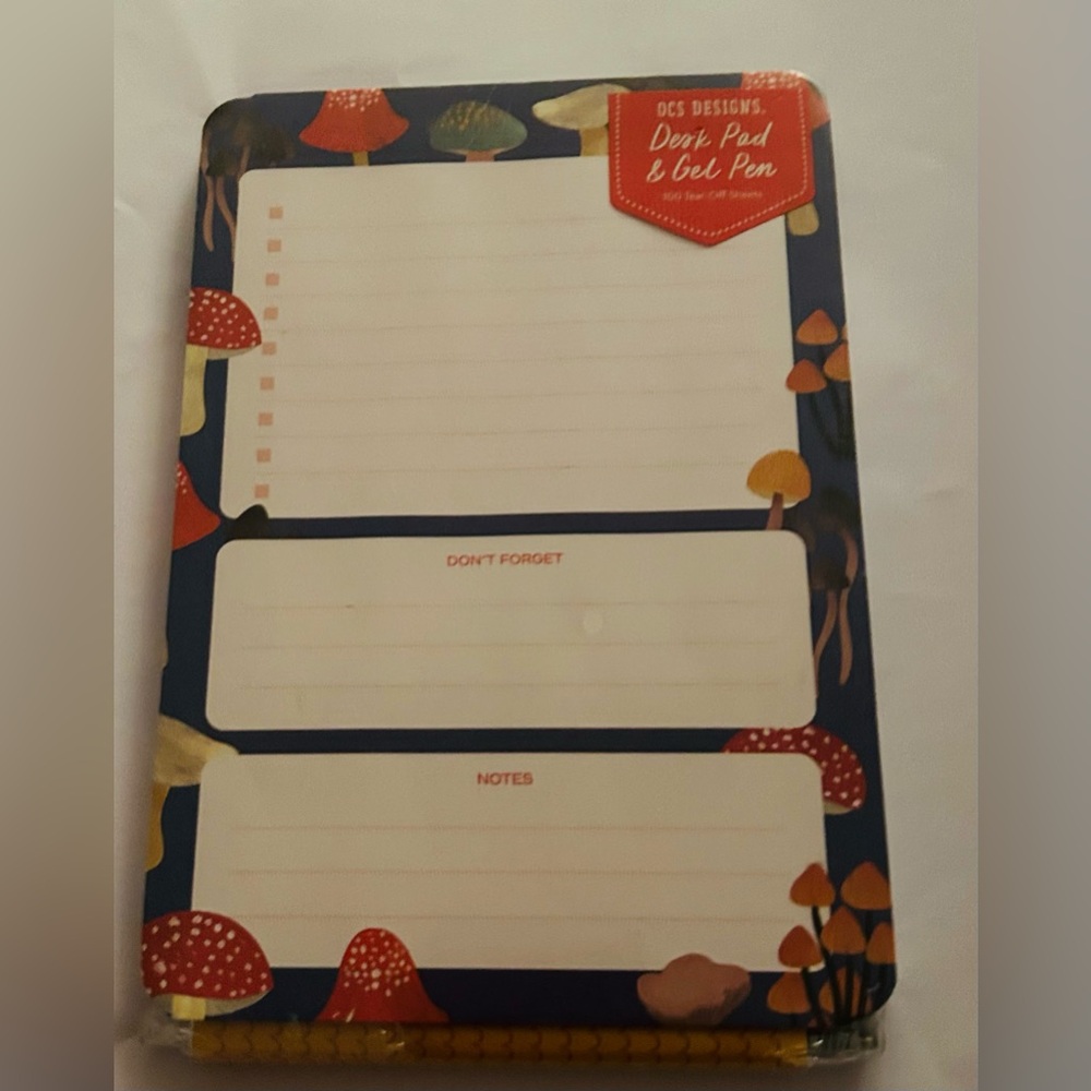 New OSC Designs Desk Pad & Gel Pen Notepad Artistic Border Mushrooms 100 Sheets